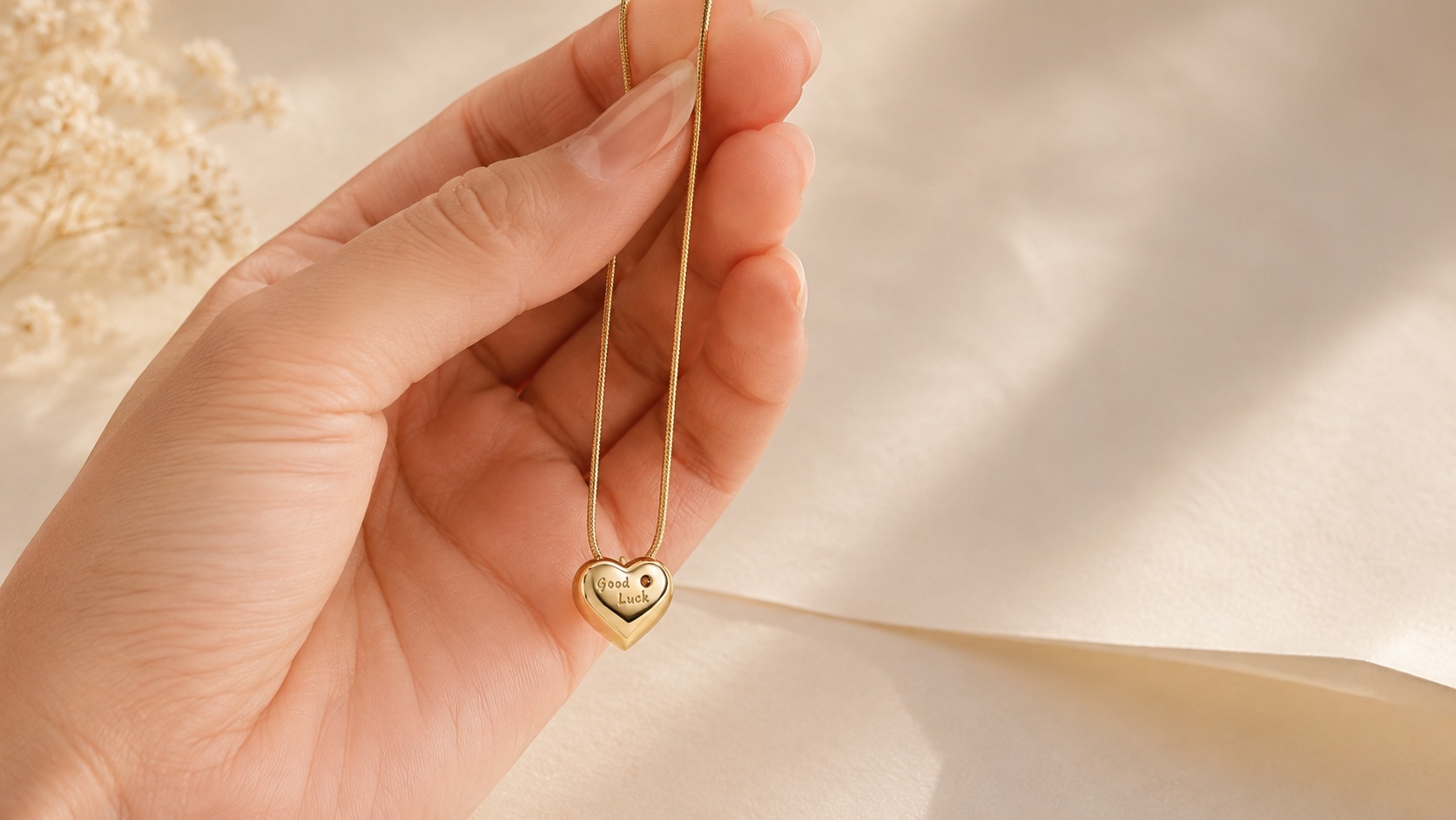 The Letter Heart pendant held between fingertips.